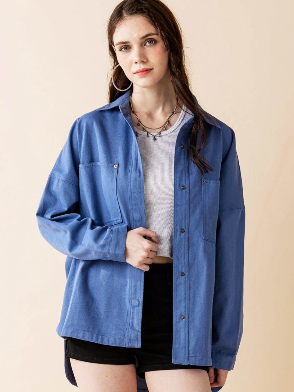 B19 Oversized Denim Twill Shirt Jacket in Blue